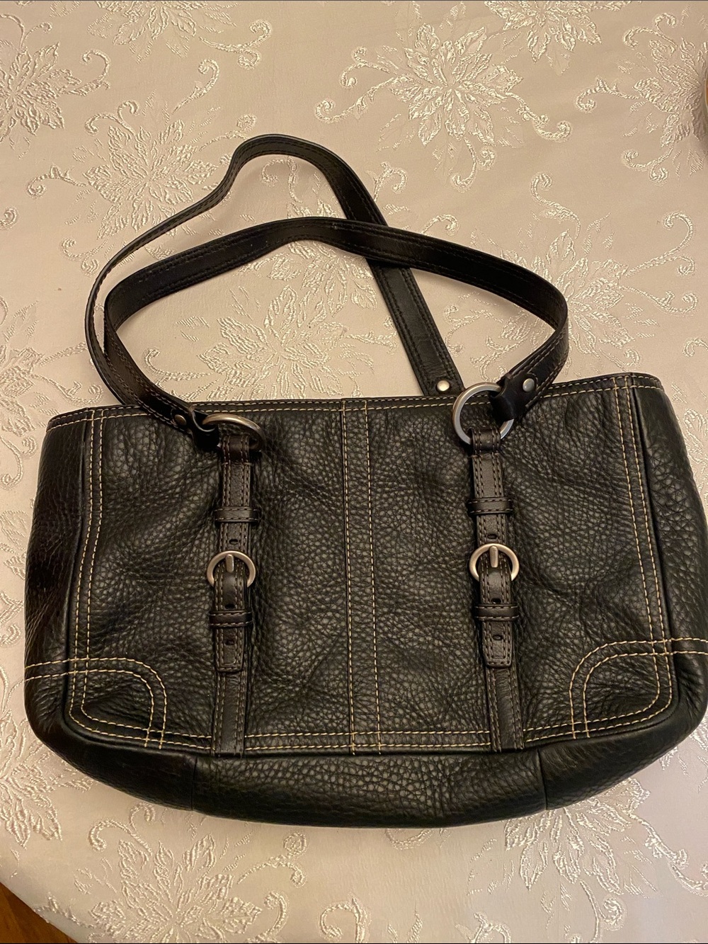 Coach Black Pebbled Leather Shoulder Bag with Contrast Stitching